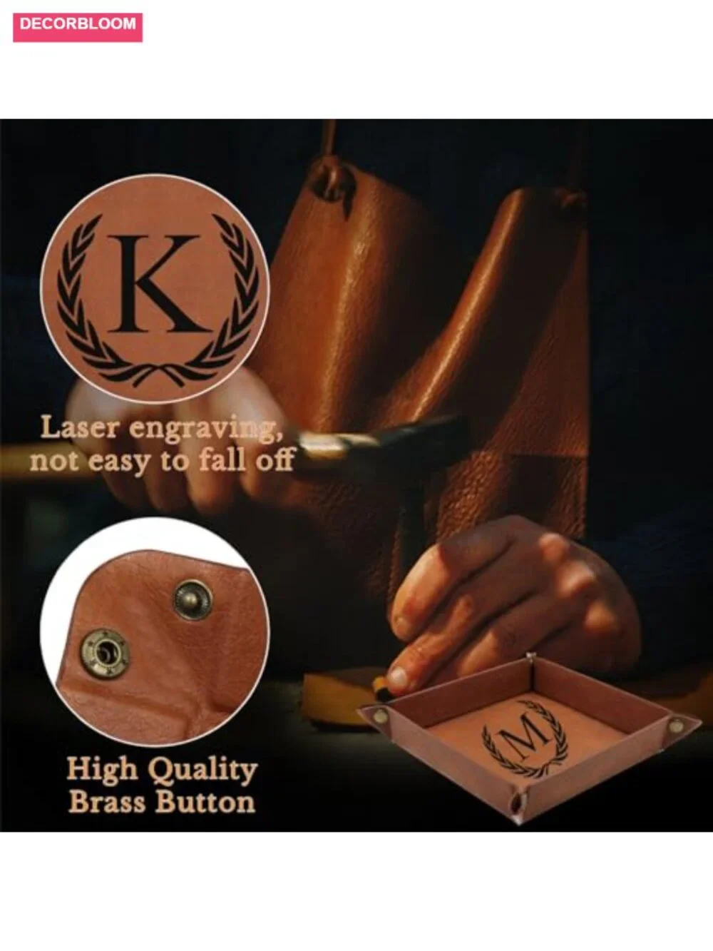 Personalized PU Leather Valet Tray - Laser Engraved Initials Key & Watch